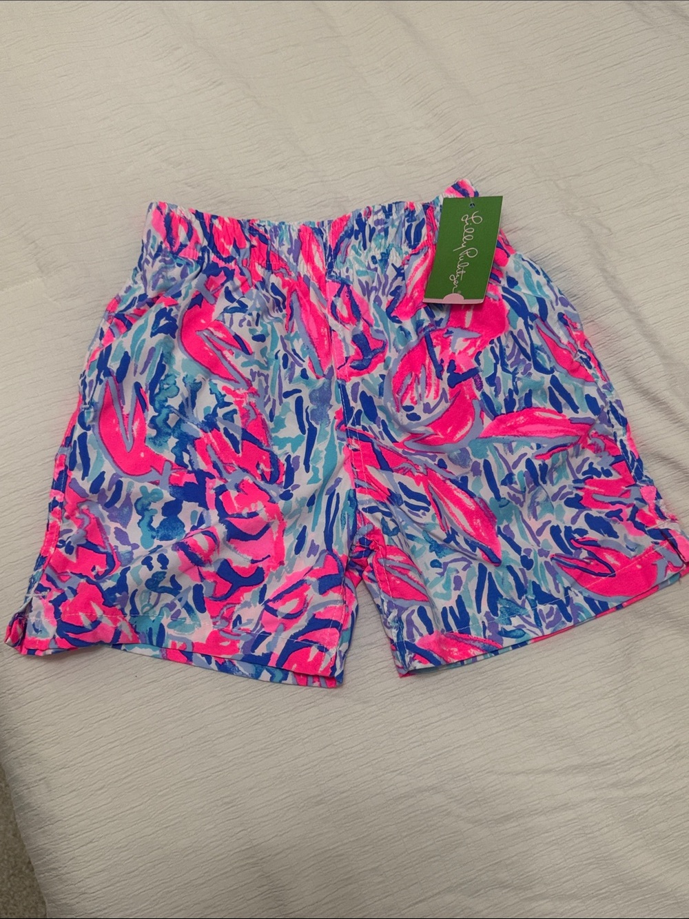 Lilly Pulitzer Cosmic Coral Cracked Up Jr Capri Trunk Neon Pink & Blue NWT